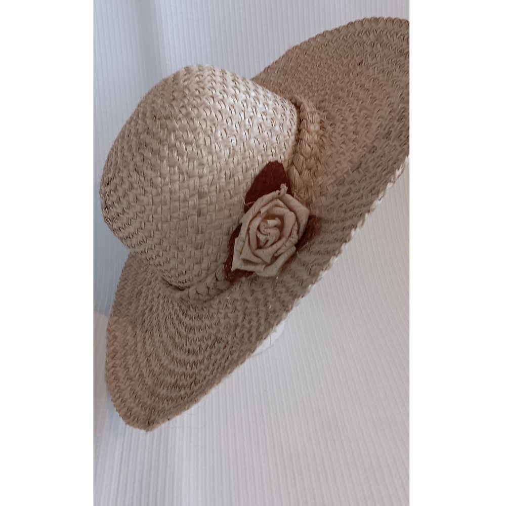 Woven Wide Brim Straw Sun Hat Tan Faux Flower Braided Detail Summer Beach Hat